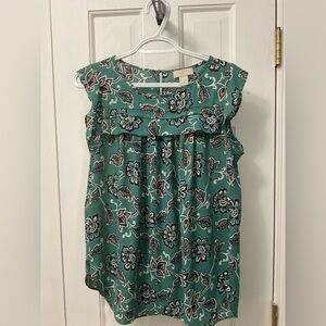 LOFT Green Floral Sleeveless Top Pleated Blouse Small